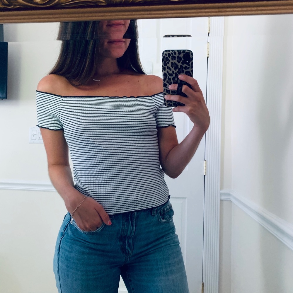 Navy and white striped off the shoulder top